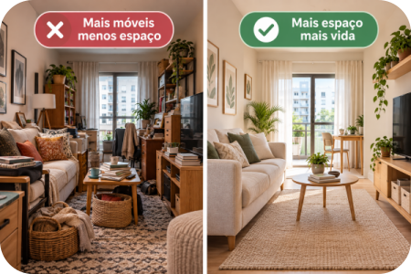Comparação entre excesso de móveis e melhor aproveitamento do espaço