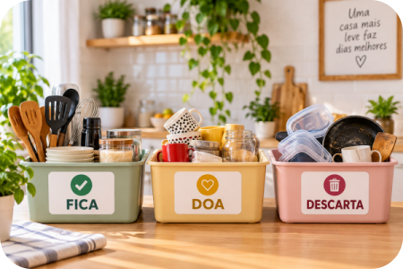 Triagem de utensílios de cozinha entre itens para ficar, doar ou descartar