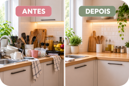 Comparação entre uma bancada cheia e uma bancada de cozinha mais livre e organizada