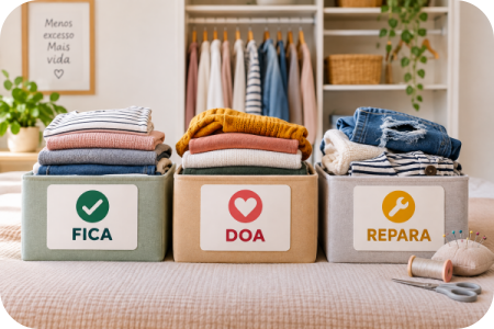 Separação de roupas entre peças para manter, doar, reparar ou reaproveitar