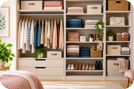 Guarda-roupa organizado com áreas definidas para roupas, sapatos, bolsas e acessórios