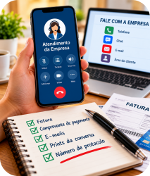 Consumidor entrando em contato com a empresa e guardando documentos e protocolo