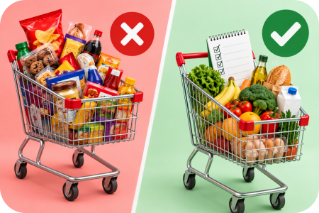 Ilustração comparando compras por impulso e compras planejadas no supermercado