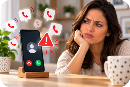Ilustração de telefone com alerta de segurança para uma ligação desconhecida