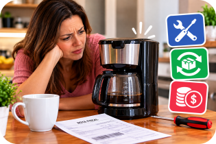 Consumidora diante de uma cafeteira que apresentou problema