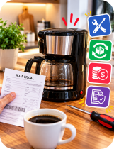 Cafeteira com problema acompanhada da nota fiscal e símbolos de assistência e garantia