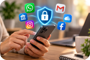 Ilustração de proteção de contas e dados armazenados no celular