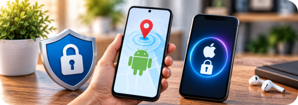 Ilustração de recursos de localização e proteção para celulares Android e iPhone