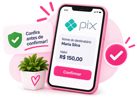 Exemplo visual de conferência do destinatário e do valor antes de confirmar um Pix