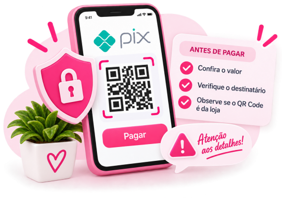 Exemplo visual de cuidados ao conferir QR Code e dados do Pix antes de pagar